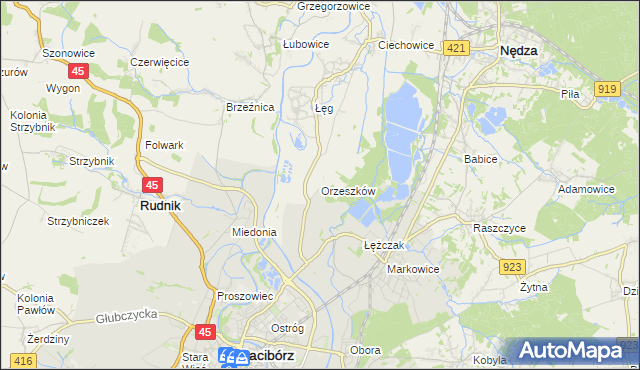 mapa Orzeszków gmina Nędza, Orzeszków gmina Nędza na mapie Targeo