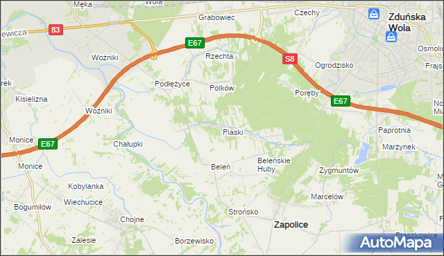 mapa Piaski gmina Zduńska Wola, Piaski gmina Zduńska Wola na mapie Targeo