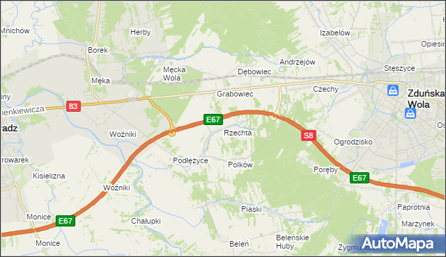mapa Rzechta gmina Sieradz, Rzechta gmina Sieradz na mapie Targeo