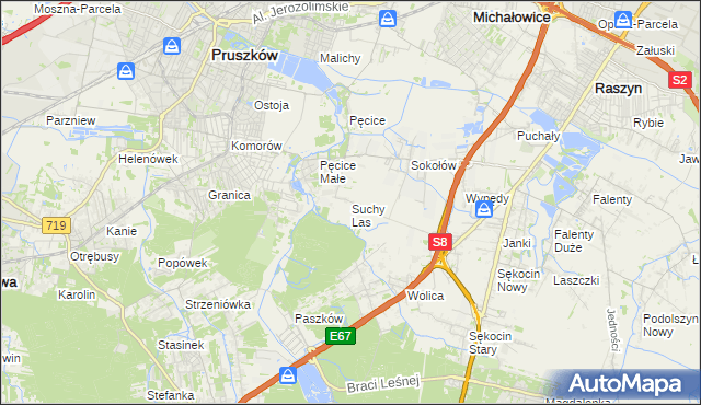 mapa Suchy Las gmina Michałowice, Suchy Las gmina Michałowice na mapie Targeo
