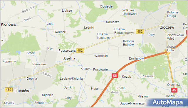 mapa Wandalin gmina Złoczew, Wandalin gmina Złoczew na mapie Targeo