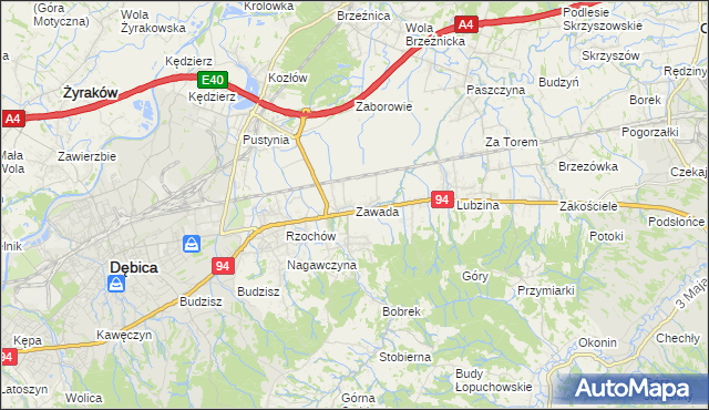 mapa Zawada gmina Dębica, Zawada gmina Dębica na mapie Targeo