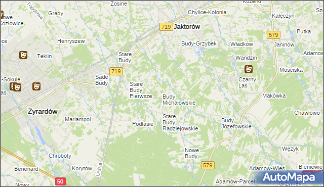 mapa Budy Michałowskie gmina Jaktorów, Budy Michałowskie gmina Jaktorów na mapie Targeo