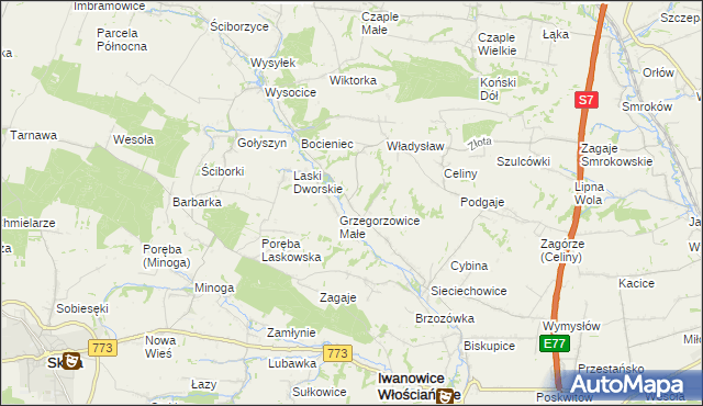 mapa Grzegorzowice Wielkie, Grzegorzowice Wielkie na mapie Targeo