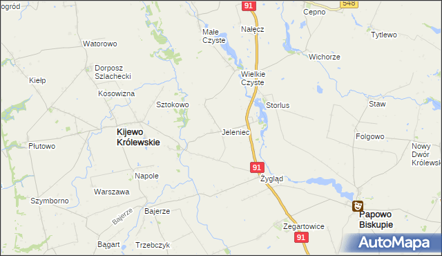 mapa Jeleniec gmina Papowo Biskupie, Jeleniec gmina Papowo Biskupie na mapie Targeo