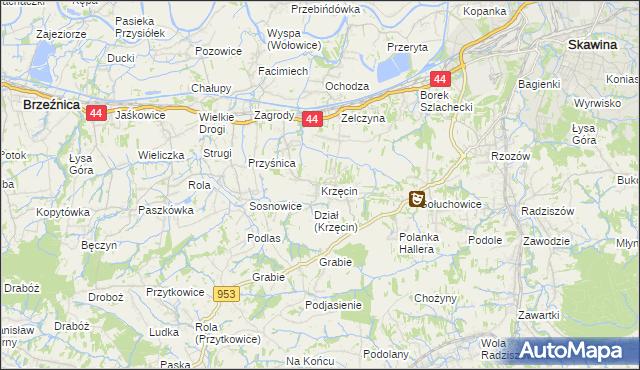 mapa Krzęcin gmina Skawina, Krzęcin gmina Skawina na mapie Targeo