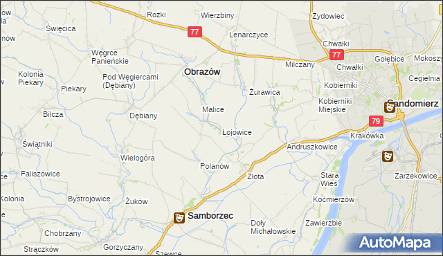 mapa Łojowice gmina Samborzec, Łojowice gmina Samborzec na mapie Targeo