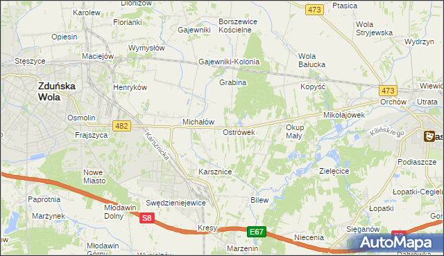 mapa Ostrówek gmina Zduńska Wola, Ostrówek gmina Zduńska Wola na mapie Targeo