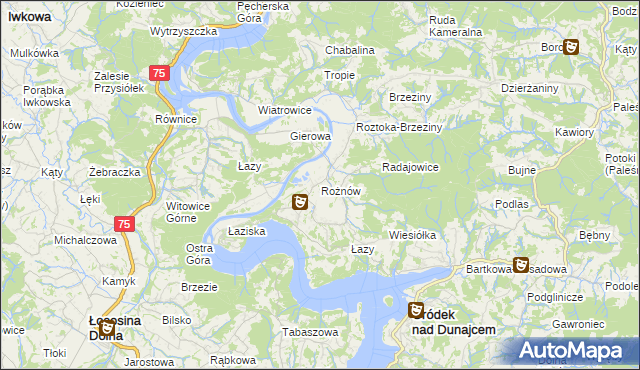 mapa Rożnów gmina Gródek nad Dunajcem, Rożnów gmina Gródek nad Dunajcem na mapie Targeo