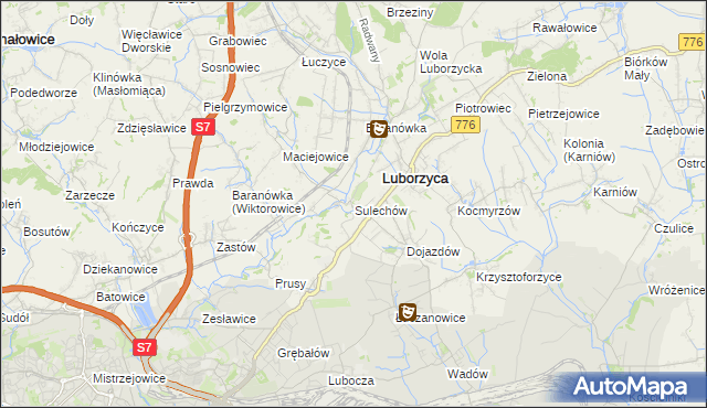 mapa Sulechów gmina Kocmyrzów-Luborzyca, Sulechów gmina Kocmyrzów-Luborzyca na mapie Targeo