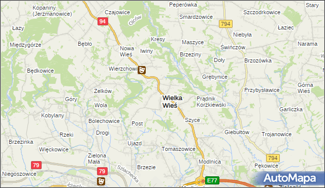 mapa Wielka Wieś powiat krakowski, Wielka Wieś powiat krakowski na mapie Targeo