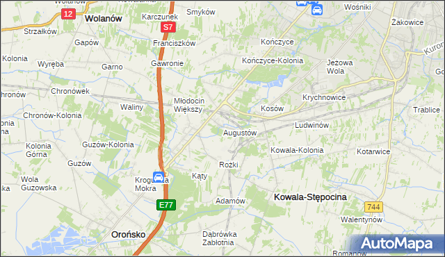 mapa Augustów gmina Kowala, Augustów gmina Kowala na mapie Targeo