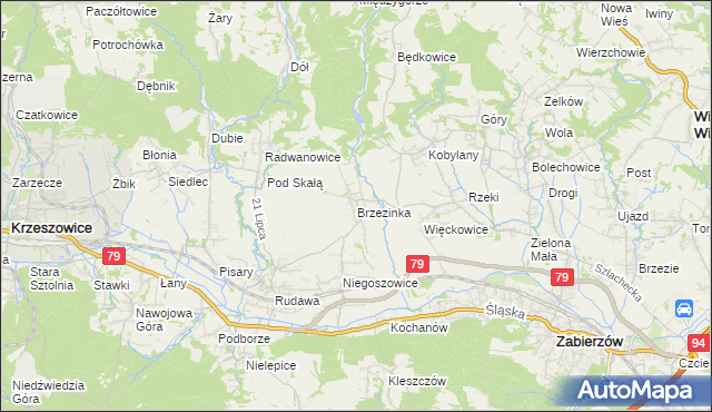 mapa Brzezinka gmina Zabierzów, Brzezinka gmina Zabierzów na mapie Targeo