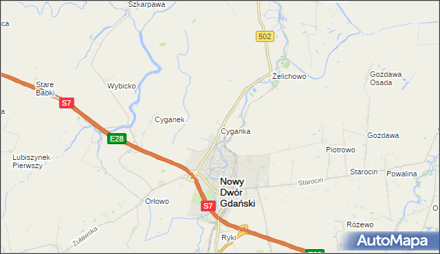 mapa Cyganka gmina Nowy Dwór Gdański, Cyganka gmina Nowy Dwór Gdański na mapie Targeo