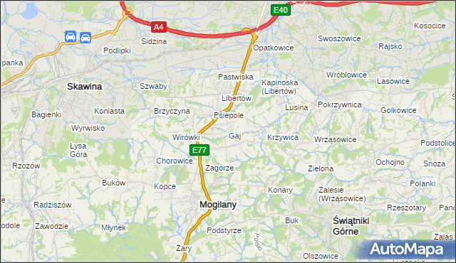 mapa Gaj gmina Mogilany, Gaj gmina Mogilany na mapie Targeo