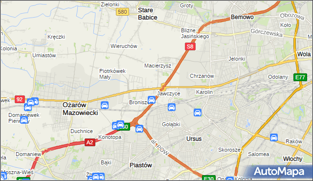 mapa Jawczyce gmina Ożarów Mazowiecki, Jawczyce gmina Ożarów Mazowiecki na mapie Targeo