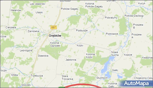 mapa Kózki gmina Grębków, Kózki gmina Grębków na mapie Targeo