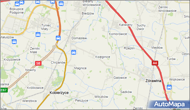mapa Księginice gmina Kobierzyce, Księginice gmina Kobierzyce na mapie Targeo