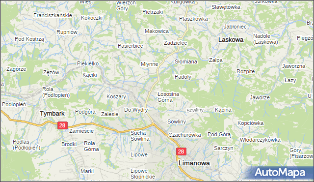 mapa Łososina Górna, Łososina Górna na mapie Targeo