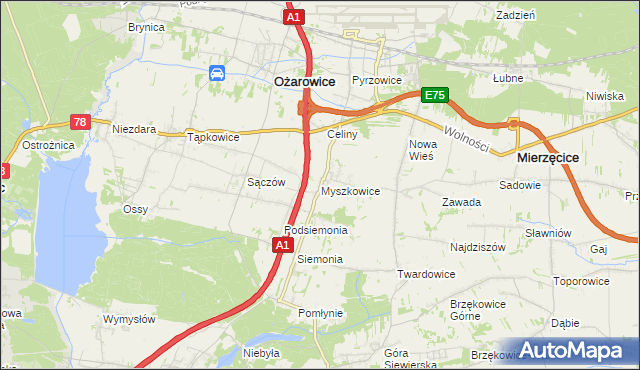 mapa Myszkowice gmina Bobrowniki, Myszkowice gmina Bobrowniki na mapie Targeo