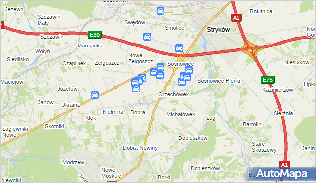 mapa Orzechówek gmina Stryków, Orzechówek gmina Stryków na mapie Targeo