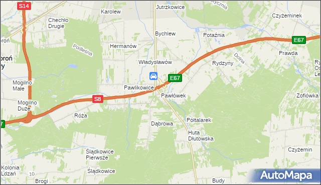 mapa Pawłówek gmina Dłutów, Pawłówek gmina Dłutów na mapie Targeo