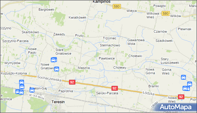 mapa Pawłowice gmina Teresin, Pawłowice gmina Teresin na mapie Targeo