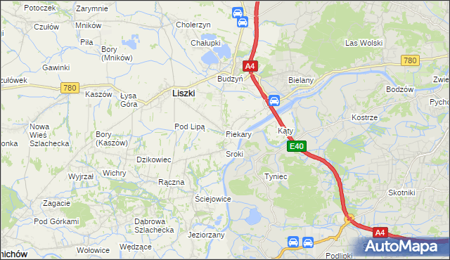 mapa Piekary gmina Liszki, Piekary gmina Liszki na mapie Targeo