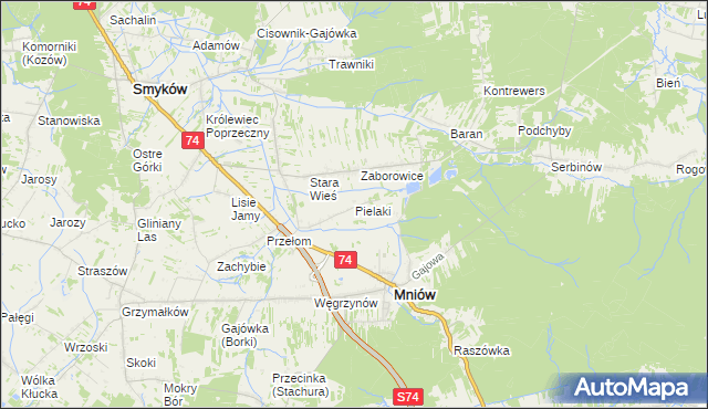 mapa Pielaki gmina Mniów, Pielaki gmina Mniów na mapie Targeo