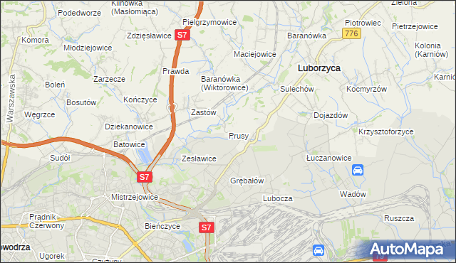 mapa Prusy gmina Kocmyrzów-Luborzyca, Prusy gmina Kocmyrzów-Luborzyca na mapie Targeo