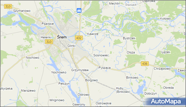 mapa Sosnowiec gmina Śrem, Sosnowiec gmina Śrem na mapie Targeo