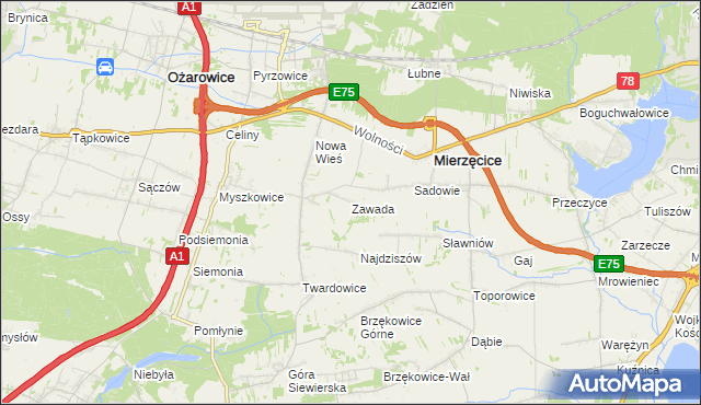 mapa Zawada gmina Mierzęcice, Zawada gmina Mierzęcice na mapie Targeo