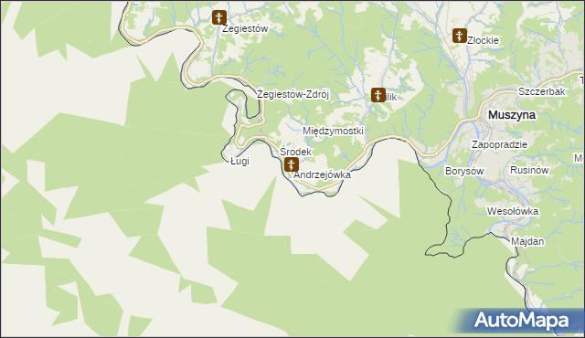 mapa Andrzejówka gmina Muszyna, Andrzejówka gmina Muszyna na mapie Targeo