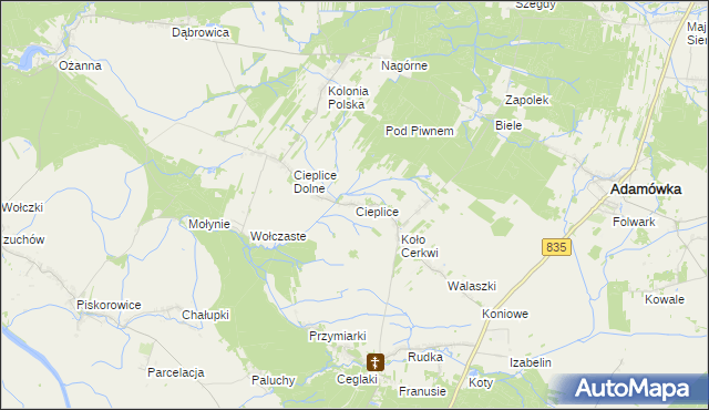 mapa Cieplice gmina Adamówka, Cieplice gmina Adamówka na mapie Targeo