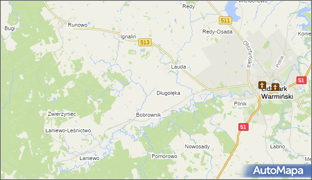 mapa Długołęka gmina Lidzbark Warmiński, Długołęka gmina Lidzbark Warmiński na mapie Targeo