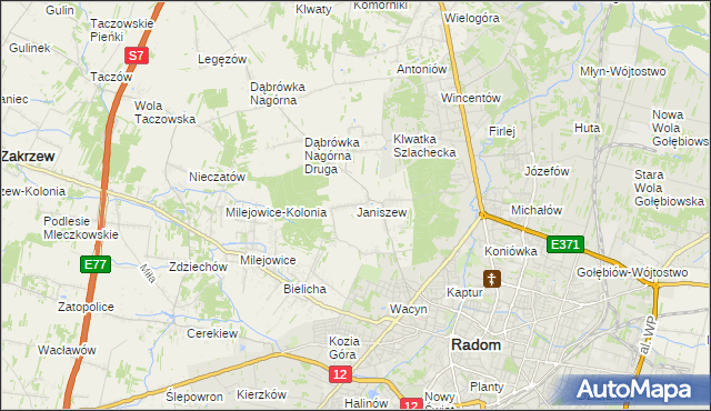mapa Janiszew gmina Zakrzew, Janiszew gmina Zakrzew na mapie Targeo