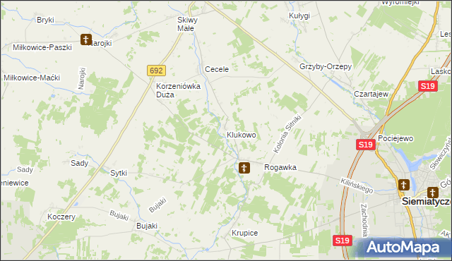mapa Klukowo gmina Siemiatycze, Klukowo gmina Siemiatycze na mapie Targeo