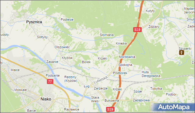 mapa Krzaki gmina Pysznica, Krzaki gmina Pysznica na mapie Targeo
