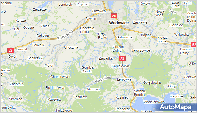 mapa Zawadka gmina Wadowice, Zawadka gmina Wadowice na mapie Targeo