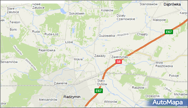 mapa Zawady gmina Radzymin, Zawady gmina Radzymin na mapie Targeo