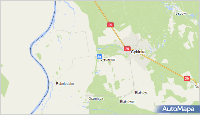 mapa Bieganów gmina Cybinka, Bieganów gmina Cybinka na mapie Targeo