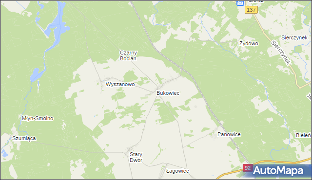 mapa Bukowiec gmina Międzyrzecz, Bukowiec gmina Międzyrzecz na mapie Targeo