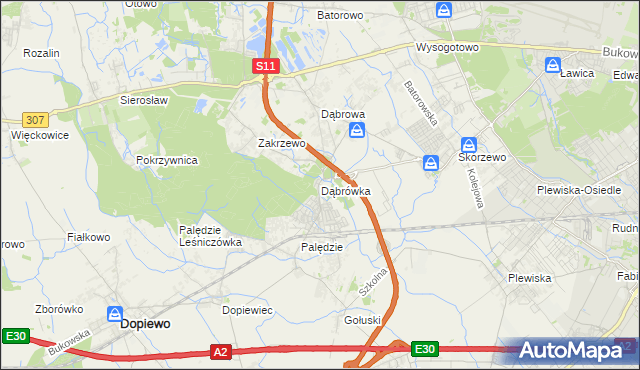 mapa Dąbrówka gmina Dopiewo, Dąbrówka gmina Dopiewo na mapie Targeo