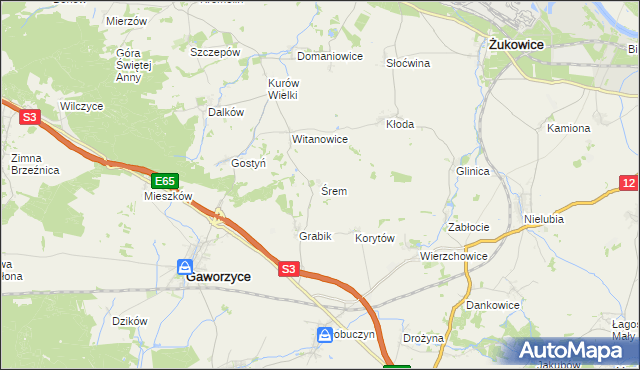 mapa Śrem gmina Gaworzyce, Śrem gmina Gaworzyce na mapie Targeo