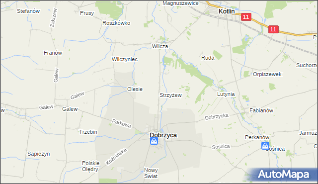 mapa Strzyżew gmina Dobrzyca, Strzyżew gmina Dobrzyca na mapie Targeo
