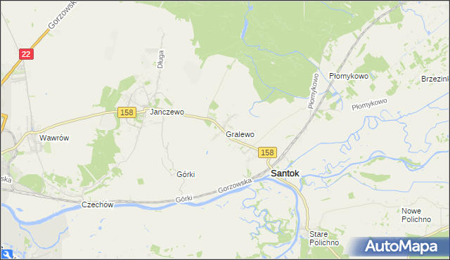 mapa Gralewo gmina Santok, Gralewo gmina Santok na mapie Targeo