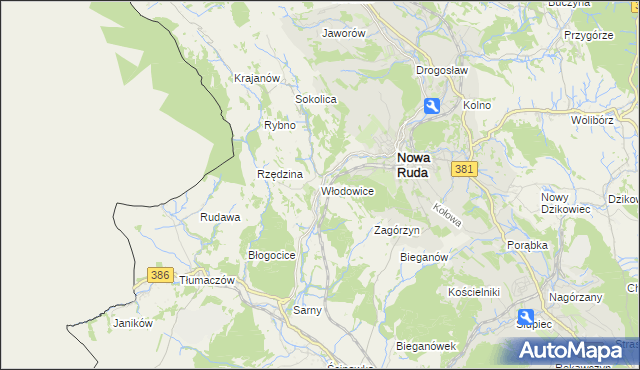 mapa Włodowice gmina Nowa Ruda, Włodowice gmina Nowa Ruda na mapie Targeo