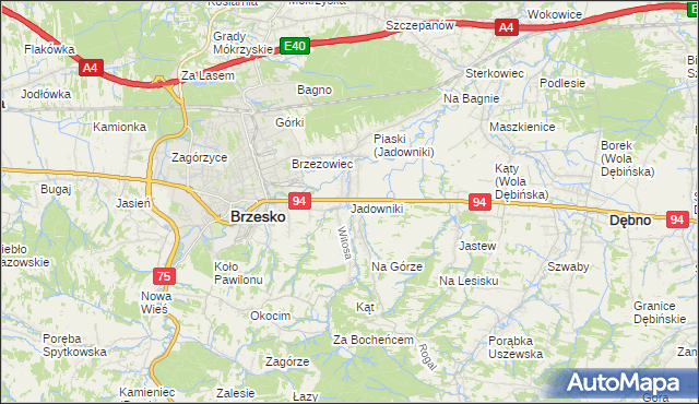 mapa Jadowniki gmina Brzesko, Jadowniki gmina Brzesko na mapie Targeo