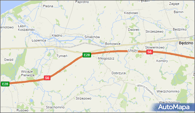 mapa Miłogoszcz gmina Będzino, Miłogoszcz gmina Będzino na mapie Targeo