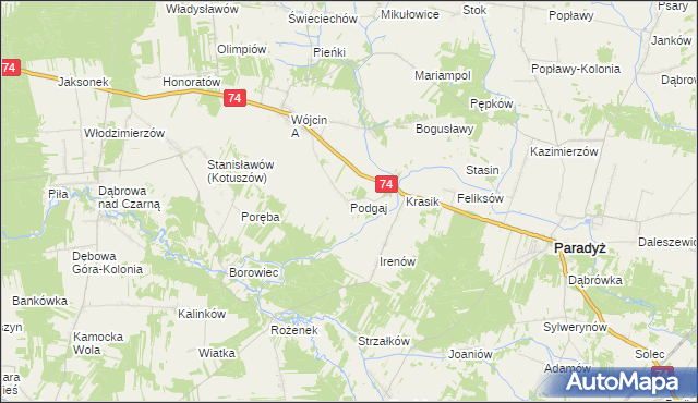 mapa Podgaj gmina Paradyż, Podgaj gmina Paradyż na mapie Targeo